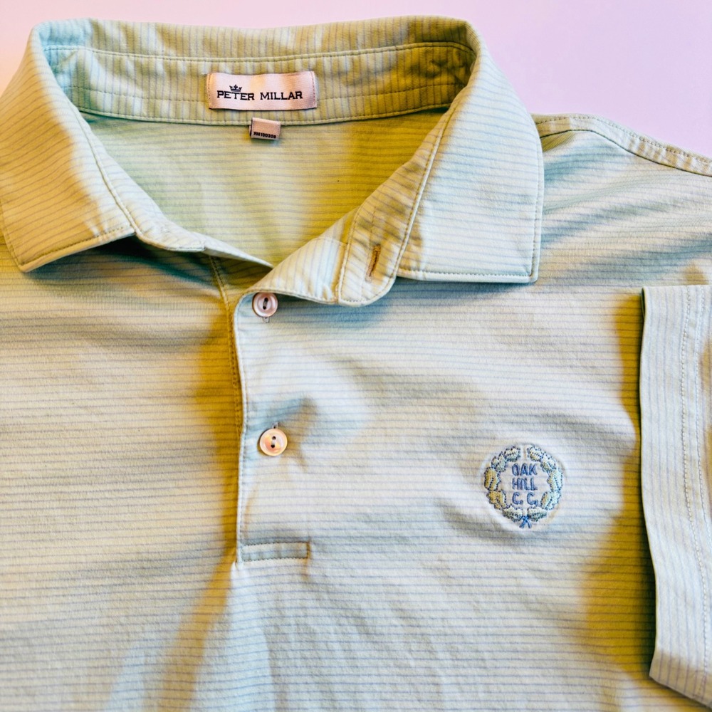 Peter Millar Mens Mint Green Striped Cotton Polo Shirt Oak Hill CC NY Logo Large